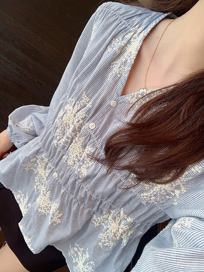AMR UU◆Atmosphere White blue striped embroidered small shirt waist slimming top women's shirt spring and summer new