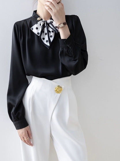 2024 early spring new top black V-neck bow shirt design shirt professional commuting spring women's clothing