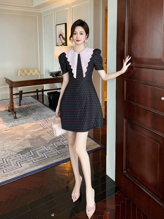 High-end temperament dress summer 2024 new French retro polka dot small black waist a-line skirt