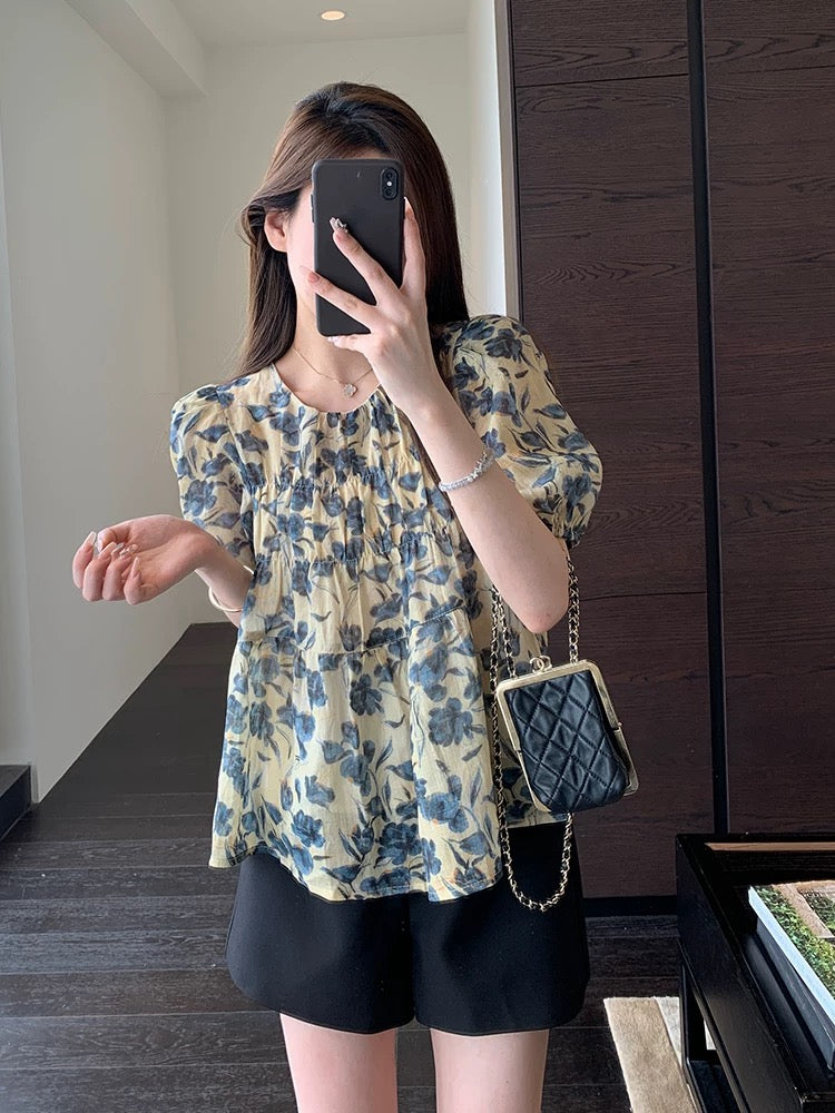 AMR UU French puff sleeves textured blue print white breathable ramie temperament small shirt women's tops Xia Xin