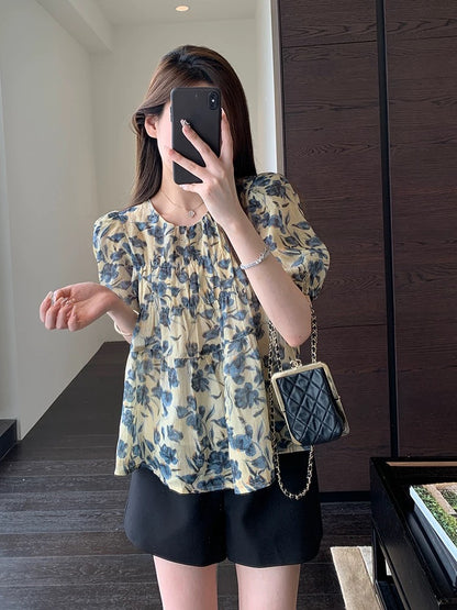 AMR UU French puff sleeves textured blue print white breathable ramie temperament small shirt women's tops Xia Xin