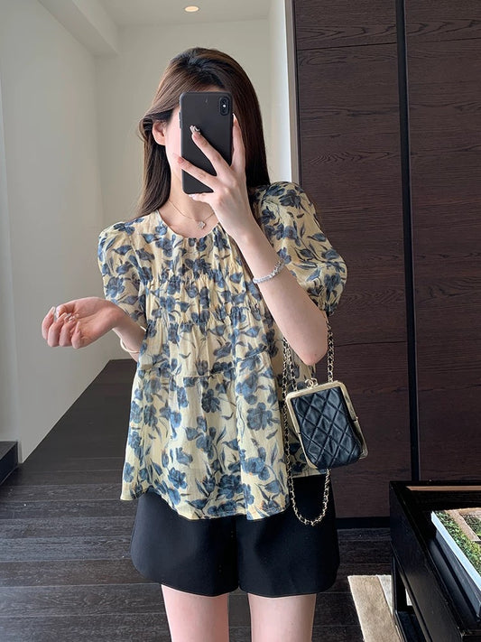 AMR UU French puff sleeves textured blue print white breathable ramie temperament small shirt women's tops Xia Xin