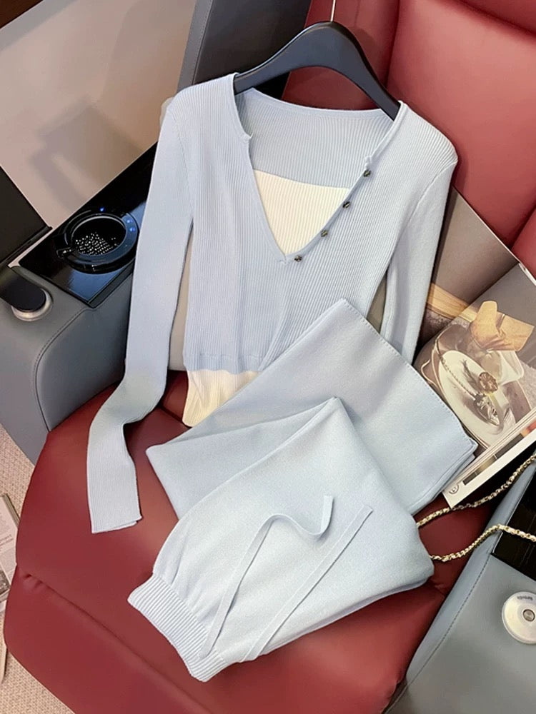 Blue Slim Knitted Casual Sports Suit Women's Spring and Autumn Fashion Age Reduction Vacation Two-piece Sweater Wide-leg Pants Two-piece Set