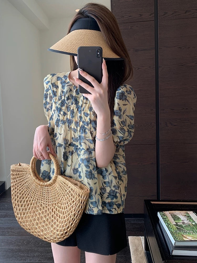 AMR UU French puff sleeves textured blue print white breathable ramie temperament small shirt women's tops Xia Xin