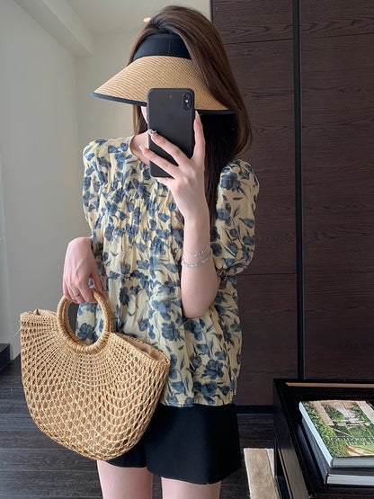 AMR UU French puff sleeves textured blue print white breathable ramie temperament small shirt women's tops Xia Xin