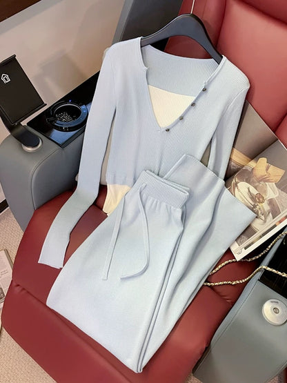 Blue Slim Knitted Casual Sports Suit Women's Spring and Autumn Fashion Age Reduction Vacation Two-piece Sweater Wide-leg Pants Two-piece Set