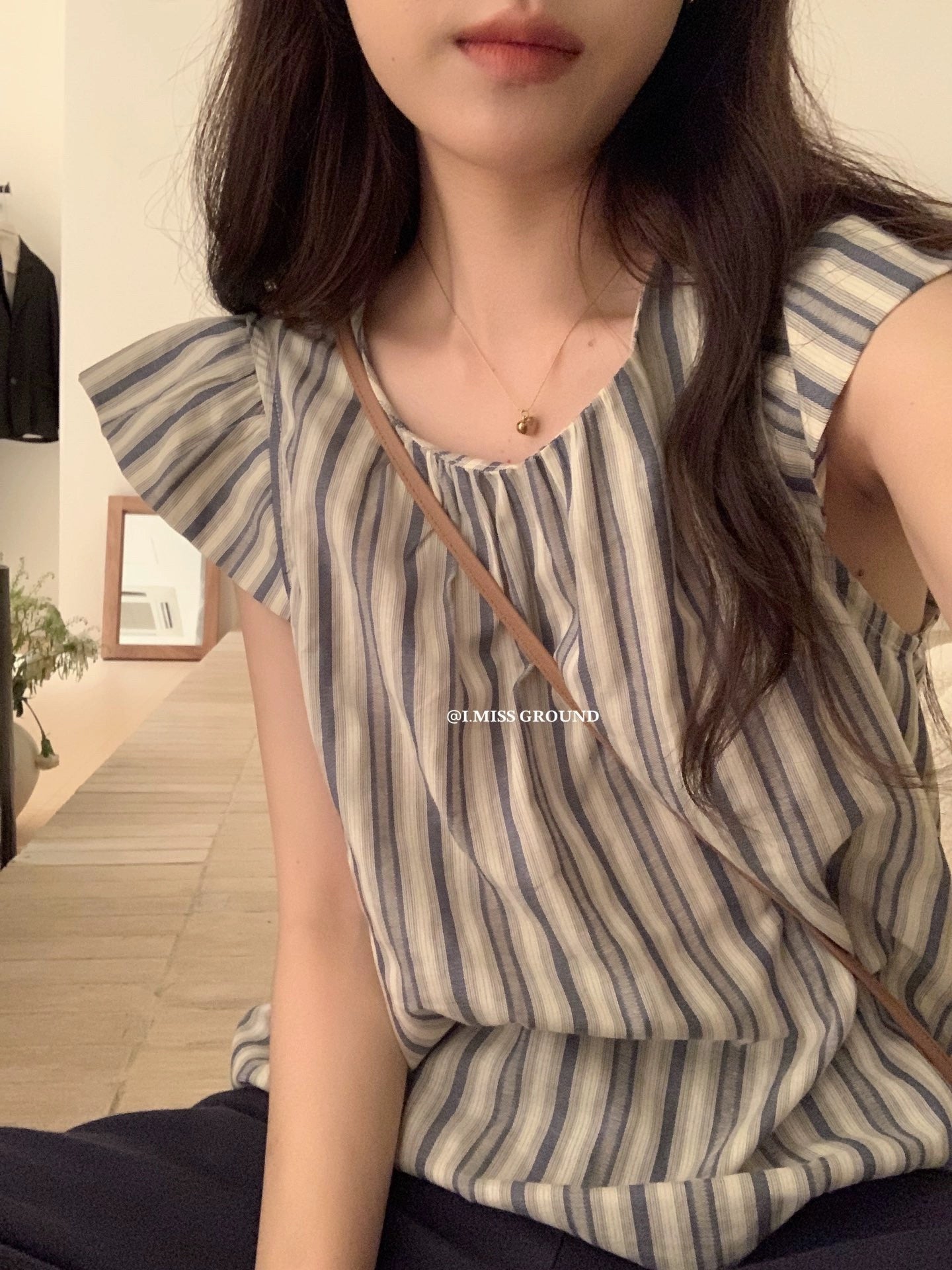 I MISS blue striped small flying sleeve top women's summer loose Korean style simple and fashionable versatile striped round neck shirt