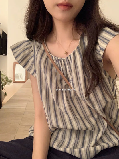 I MISS blue striped small flying sleeve top women's summer loose Korean style simple and fashionable versatile striped round neck shirt