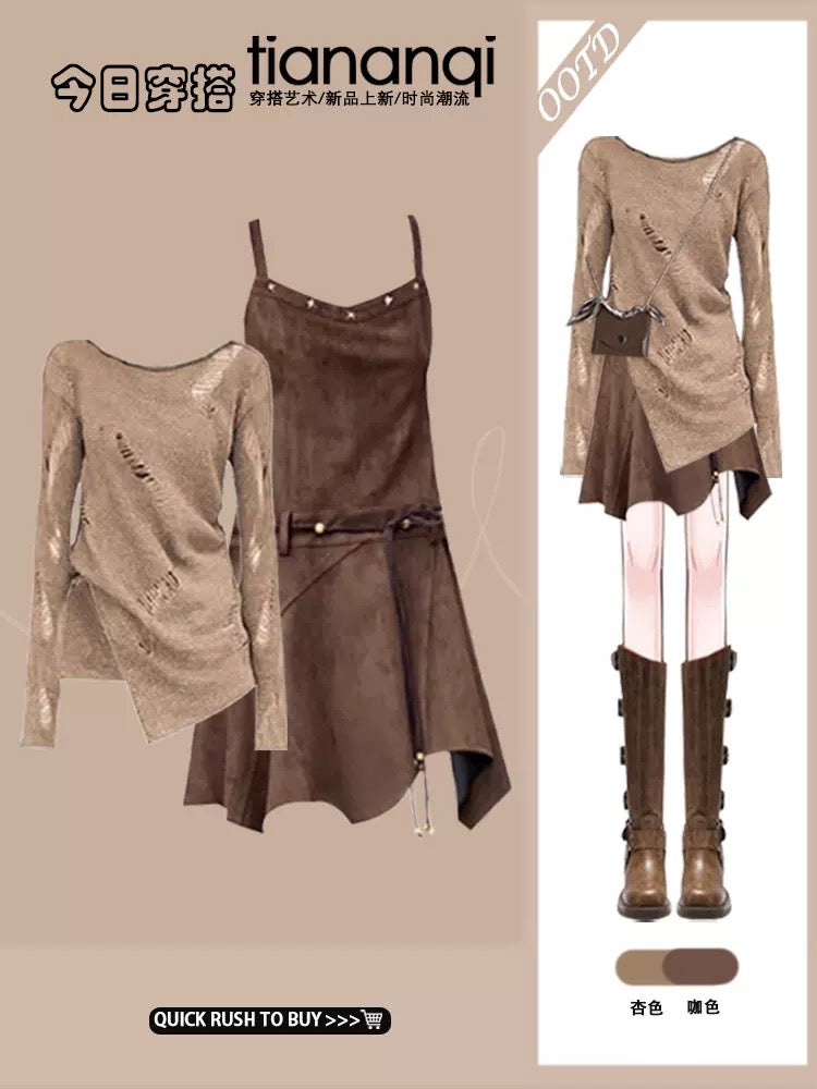 Light mature style, a and cool, early autumn contrast color outfit, hot girl, hot girl suede rivet irregular wasteland style suspender skirt
