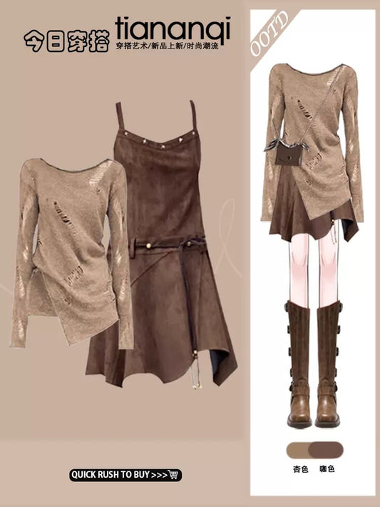 Light mature style, a and cool, early autumn contrast color outfit, hot girl, hot girl suede rivet irregular wasteland style suspender skirt