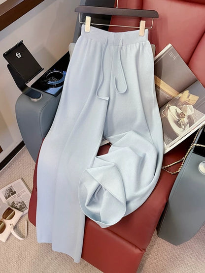 Blue Slim Knitted Casual Sports Suit Women's Spring and Autumn Fashion Age Reduction Vacation Two-piece Sweater Wide-leg Pants Two-piece Set