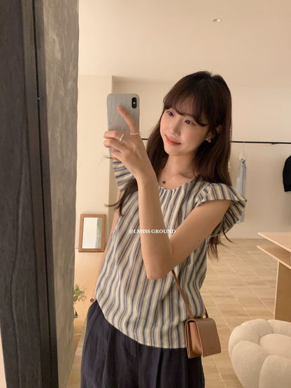 I MISS blue striped small flying sleeve top women's summer loose Korean style simple and fashionable versatile striped round neck shirt