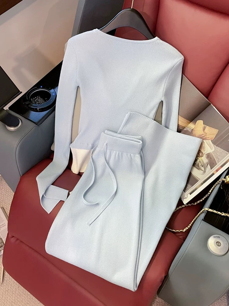 Blue Slim Knitted Casual Sports Suit Women's Spring and Autumn Fashion Age Reduction Vacation Two-piece Sweater Wide-leg Pants Two-piece Set