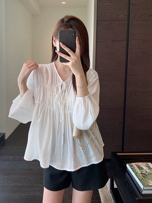 AMR UU◆Sweet girly textured ribbon shirt loose slim shirt women's tops early autumn new