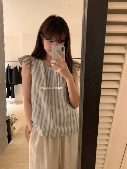 I MISS blue striped small flying sleeve top women's summer loose Korean style simple and fashionable versatile striped round neck shirt