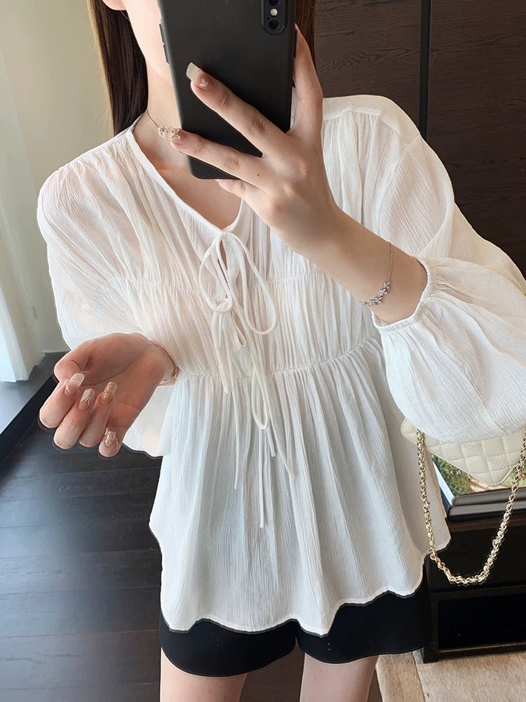 AMR UU◆Sweet girly textured ribbon shirt loose slim shirt women's tops early autumn new