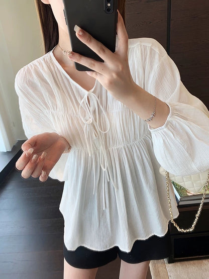 AMR UU◆Sweet girly textured ribbon shirt loose slim shirt women's tops early autumn new