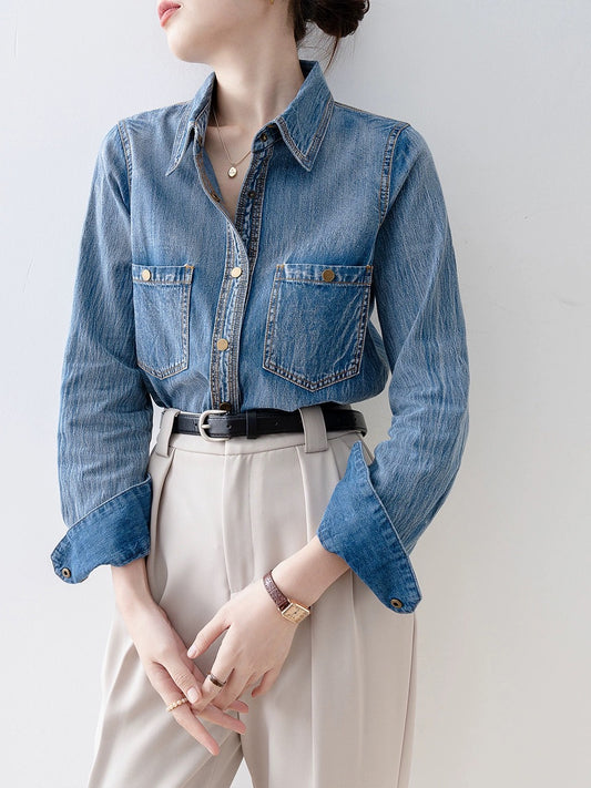 Blue polo collar denim shirt 2024 early spring new French design shirt spring women's long-sleeved top
