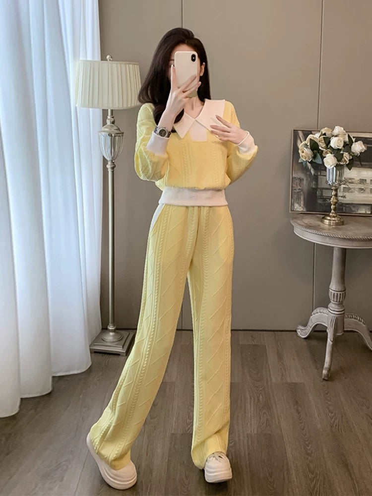 Yellow sports and leisure suit for women in autumn and winter fashionable and age-reducing temperament long-sleeved sweatshirt wide-leg pants two-piece set
