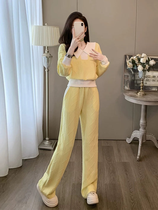 Yellow sports and leisure suit for women in autumn and winter fashionable and age-reducing temperament long-sleeved sweatshirt wide-leg pants two-piece set