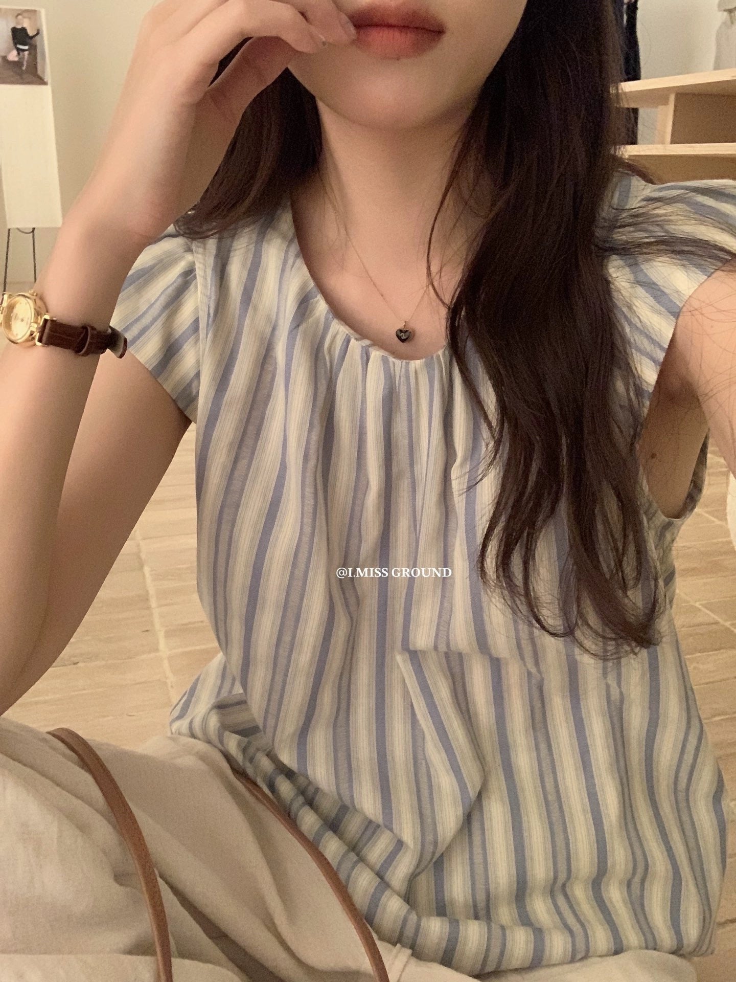 I MISS blue striped small flying sleeve top women's summer loose Korean style simple and fashionable versatile striped round neck shirt