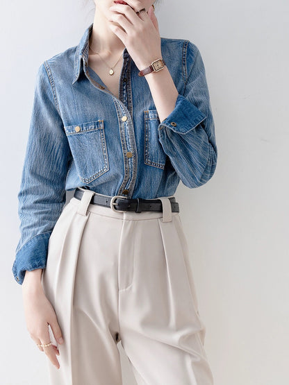 Blue polo collar denim shirt 2024 early spring new French design shirt spring women's long-sleeved top