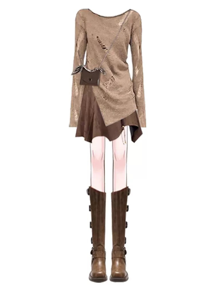 Light mature style, a and cool, early autumn contrast color outfit, hot girl, hot girl suede rivet irregular wasteland style suspender skirt