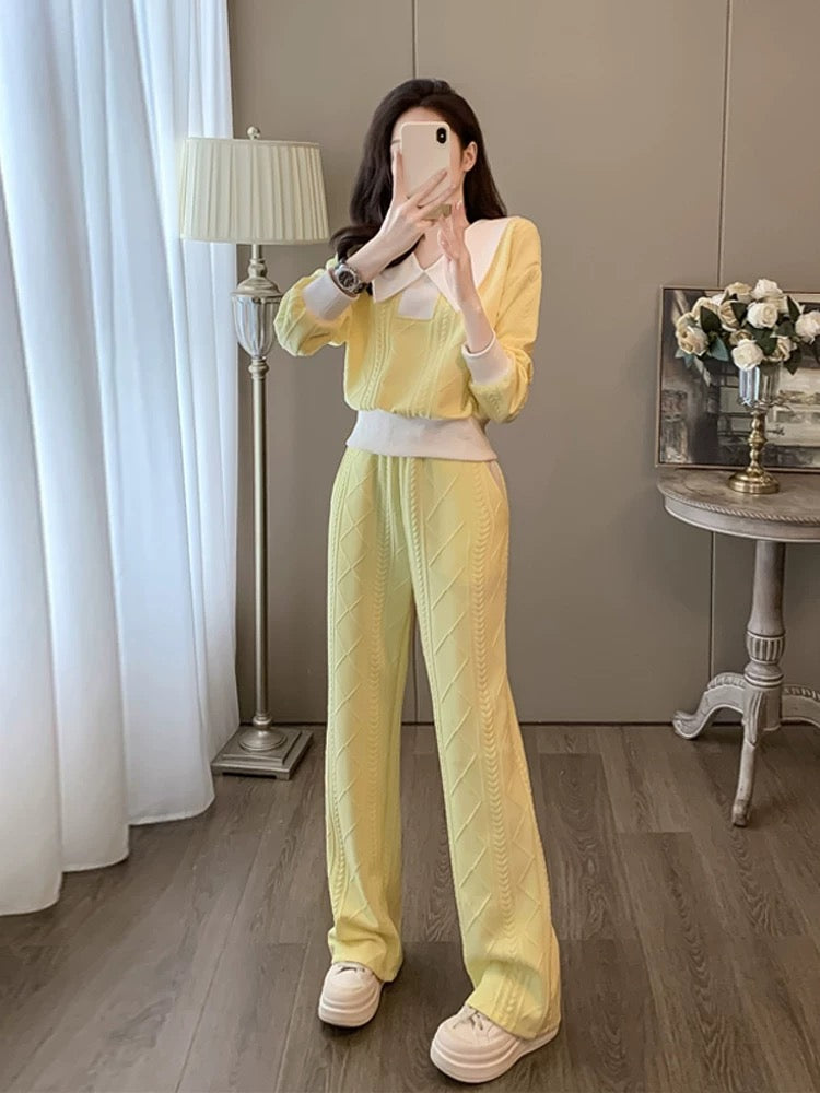 Yellow sports and leisure suit for women in autumn and winter fashionable and age-reducing temperament long-sleeved sweatshirt wide-leg pants two-piece set
