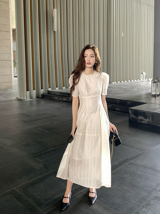 [New Products 10% Off + Full Discount] Embroidered White Dress Women’s Summer Style Waist Puff Sleeve French Long Skirt
