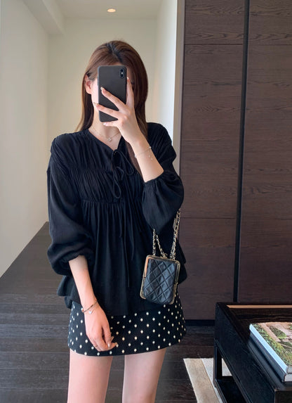 AMR UU◆Sweet girly textured ribbon shirt loose slim shirt women's tops early autumn new