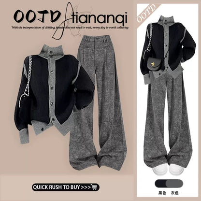 2025 autumn and winter new Korean loose lazy style sweater jacket with high waist slim wide leg pants two-piece suit
