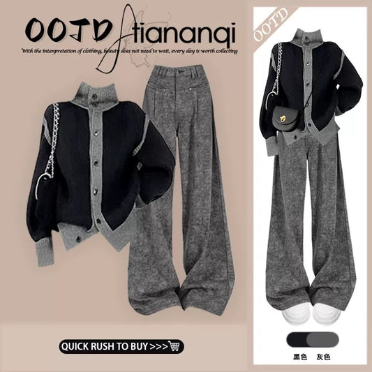 2025 autumn and winter new Korean loose lazy style sweater jacket with high waist slim wide leg pants two-piece suit