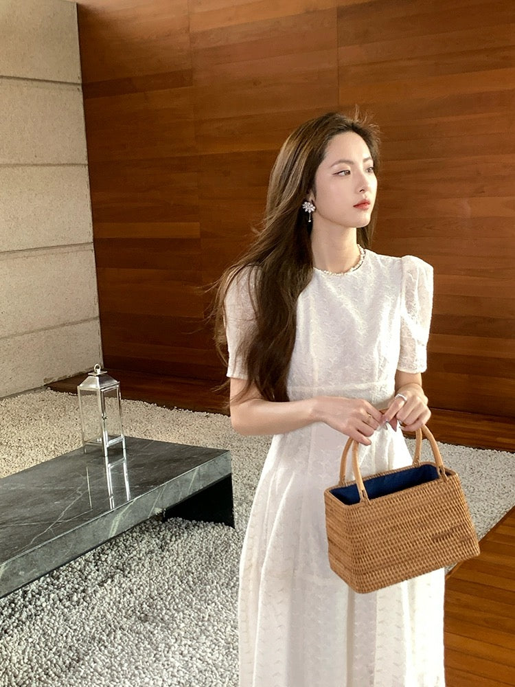 [New Products 10% Off + Full Discount] Embroidered White Dress Women’s Summer Style Waist Puff Sleeve French Long Skirt