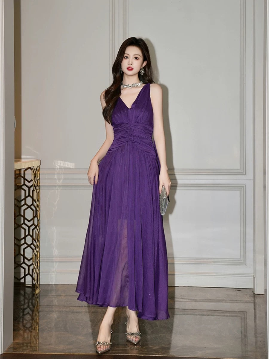 European station sexy v-neck sleeveless dress for women summer new design temperament waist pure lust dress long skirt