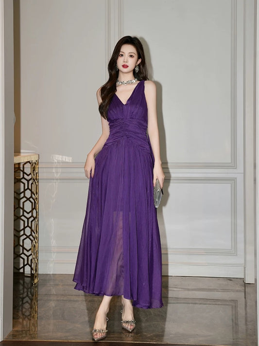 European station sexy v-neck sleeveless dress for women summer new design temperament waist pure lust dress long skirt