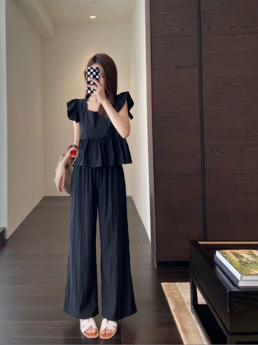 AMR UU◆Lazy and fashionable quality slim small flying sleeve top loose wide-leg pants two-piece suit female Xia Xin
