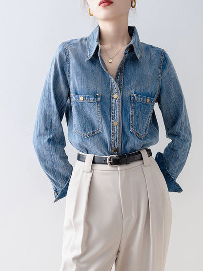 Blue polo collar denim shirt 2024 early spring new French design shirt spring women's long-sleeved top
