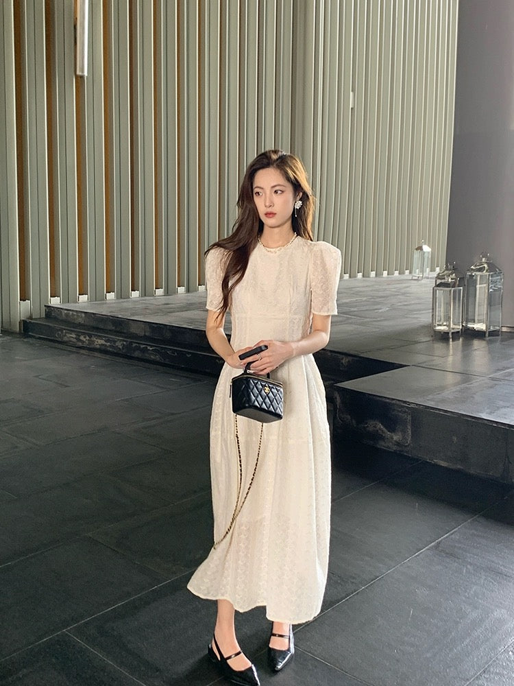 [New Products 10% Off + Full Discount] Embroidered White Dress Women’s Summer Style Waist Puff Sleeve French Long Skirt