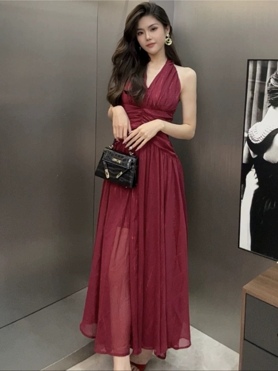 European station sexy v-neck sleeveless dress for women summer new design temperament waist pure lust dress long skirt