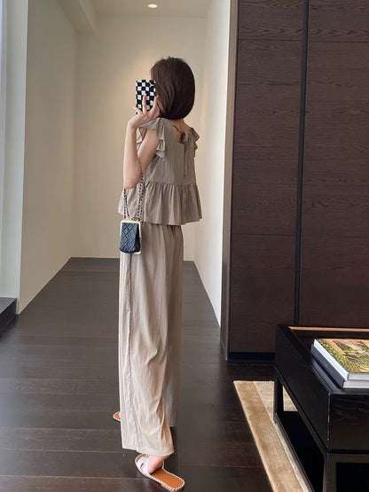 AMR UU◆Lazy and fashionable quality slim small flying sleeve top loose wide-leg pants two-piece suit female Xia Xin