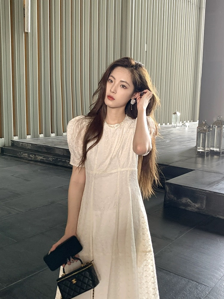 [New Products 10% Off + Full Discount] Embroidered White Dress Women’s Summer Style Waist Puff Sleeve French Long Skirt