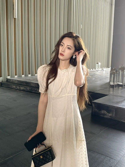 [New Products 10% Off + Full Discount] Embroidered White Dress Women’s Summer Style Waist Puff Sleeve French Long Skirt