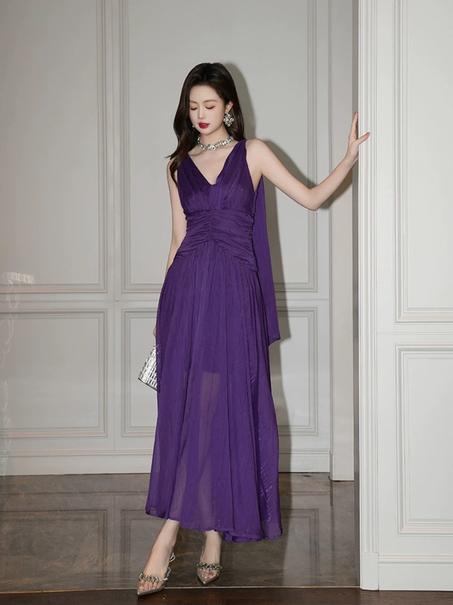 European station sexy v-neck sleeveless dress for women summer new design temperament waist pure lust dress long skirt