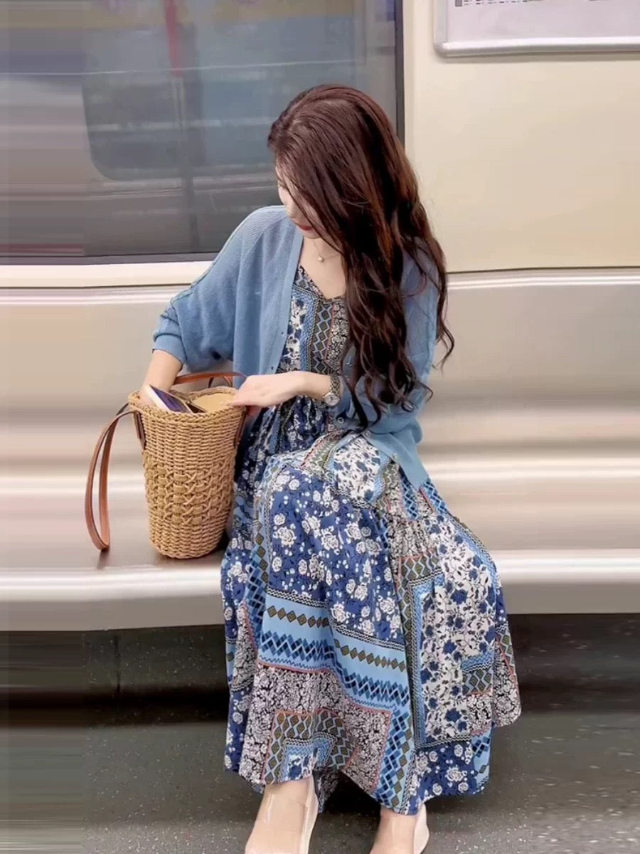 This year's popular beautiful suit long skirt women's petite high-end fashion blue sweater tea break French dress
