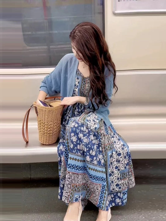 This year's popular beautiful suit long skirt women's petite high-end fashion blue sweater tea break French dress