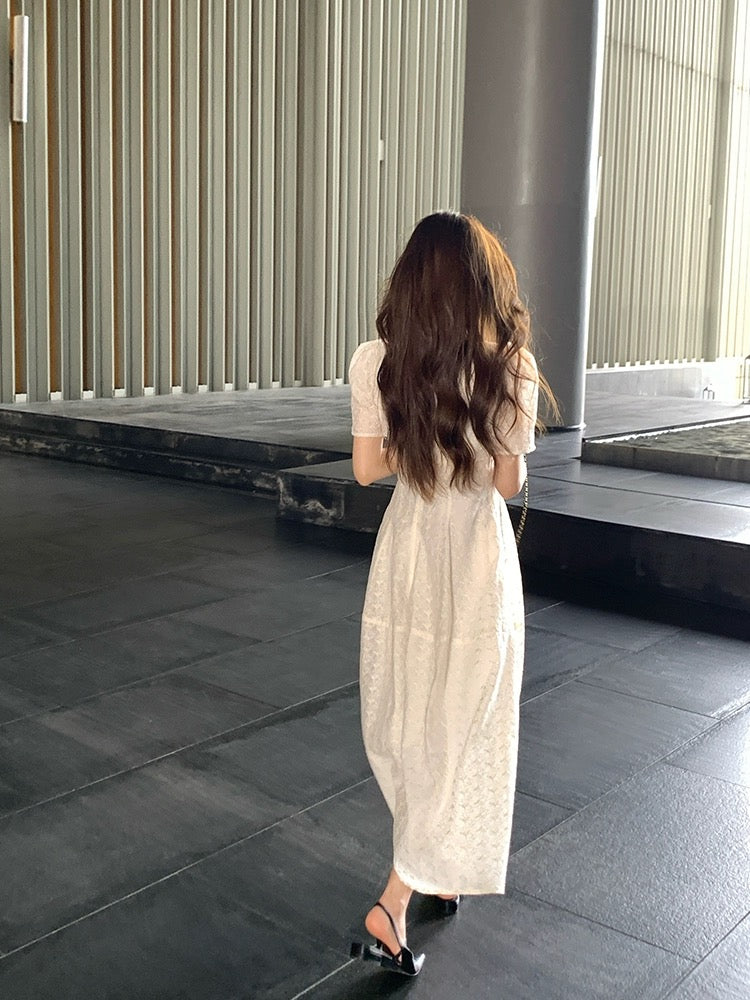 [New Products 10% Off + Full Discount] Embroidered White Dress Women’s Summer Style Waist Puff Sleeve French Long Skirt