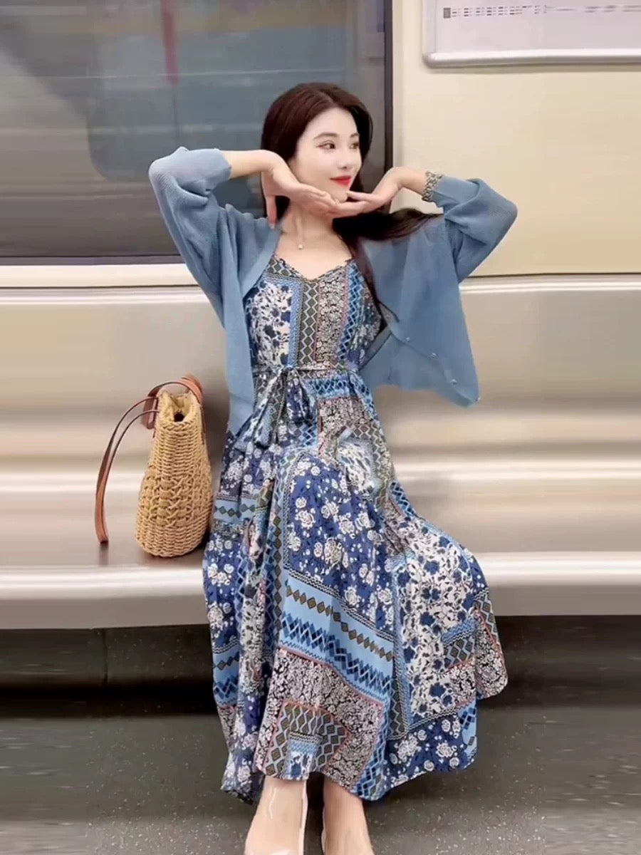 This year's popular beautiful suit long skirt women's petite high-end fashion blue sweater tea break French dress