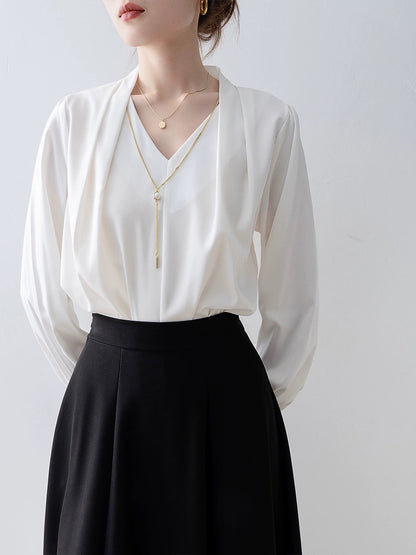 White V-neck shirt 2024 early spring new women's tops professional commuting unique chic French long-sleeved shirt