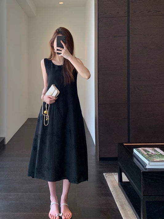 AMR UU◆Atmosphere Heavy Tencel Embroidery Little Black Dress Waist Slimming Vest Dress Female Summer New