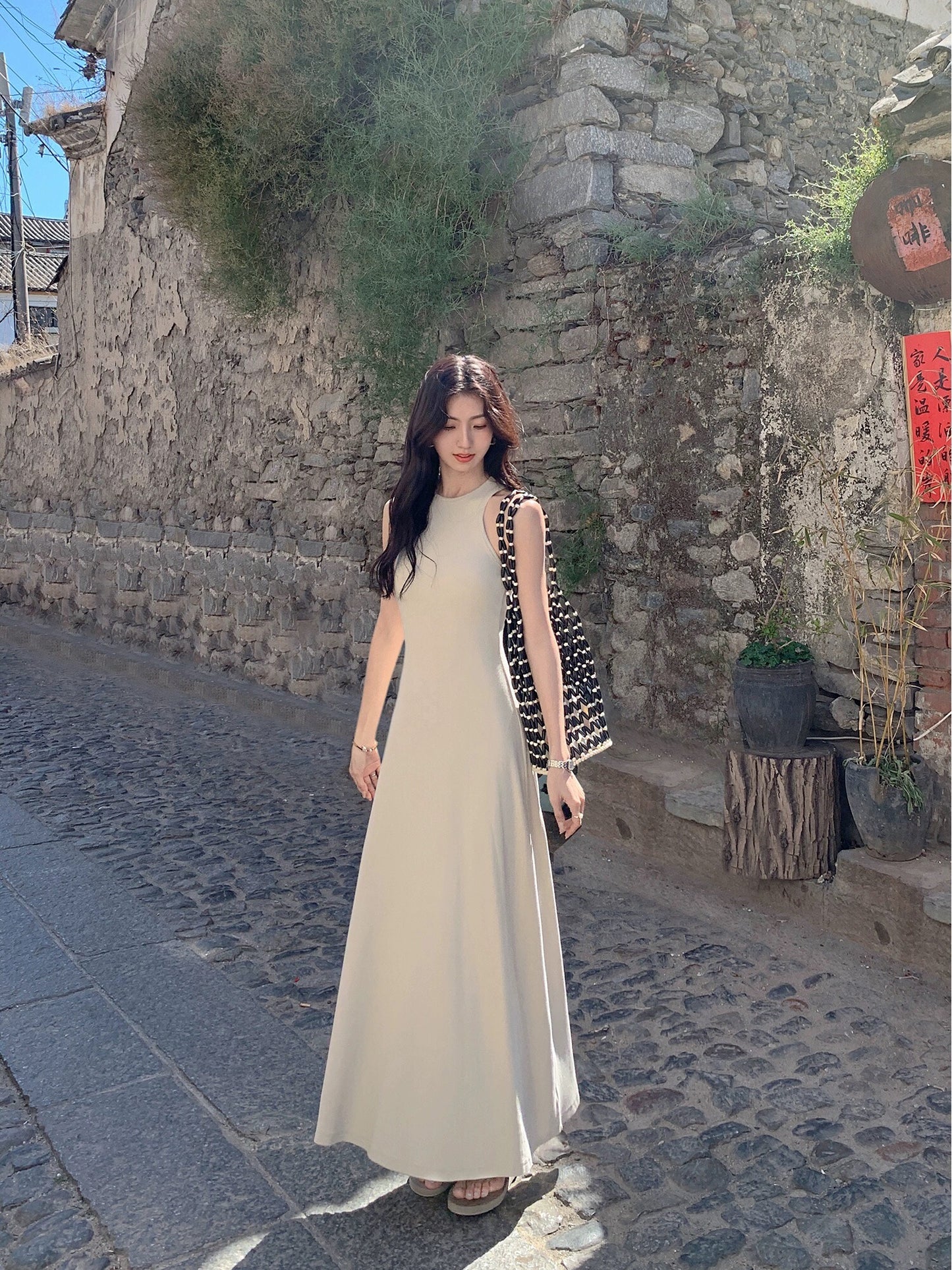 MULVAN Knitted Tank Top Women's 2024 Summer New Slim Fit Sleeveless Dress A-Line Waist Long Skirt